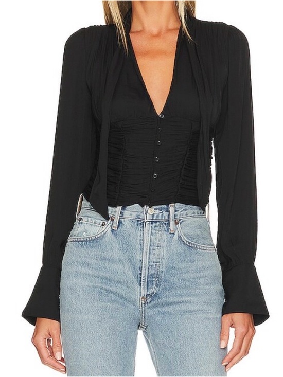 Free People Tops - Free People Meet Me There Ruched Tie-Neck Blouse Black Top Size XS
